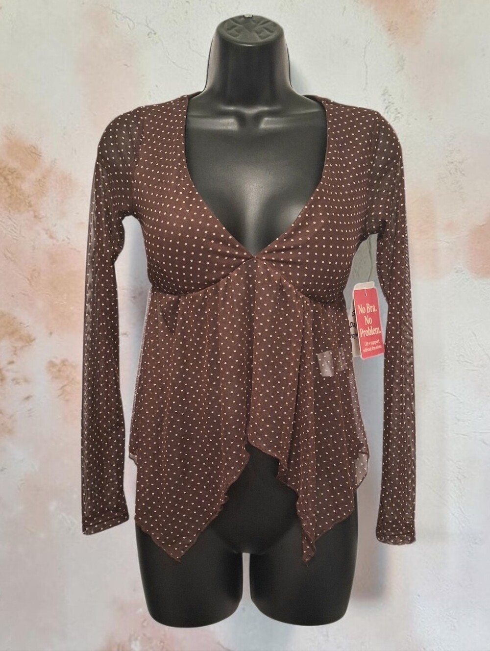 NWT Good Days Brown Polka Dot Top Sheer Bottom & Sleeves Womens Sz XS Boho Flowy